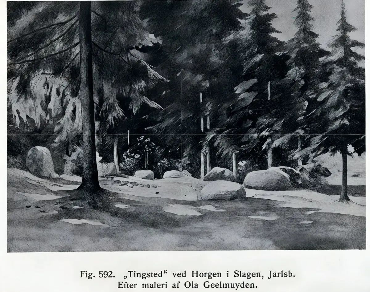 Viser et utsnitt fra en bok med et figur maleri av Tingsted ved Horgen i Slagen. Bildet viser en steinring med en ganske tett granskog rundt.