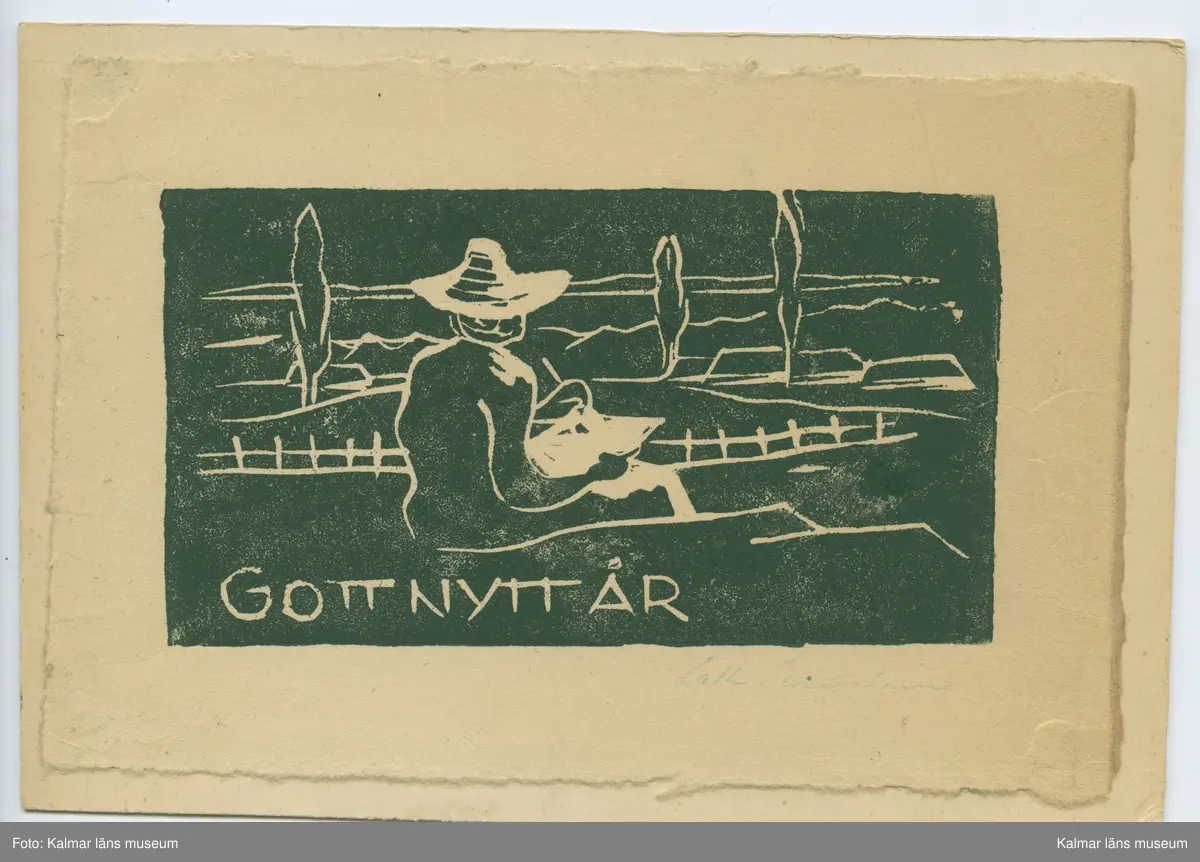 KLM 46734:31:1-2. Konstkort, 2 st. Tryck i grönt på vitt papper, klistrade på vit kartong. Tryck av tryckplåt KLM 46734:30:1-2. Motiv av Lotte Laserstein. Signerade Lotte Laserstein.