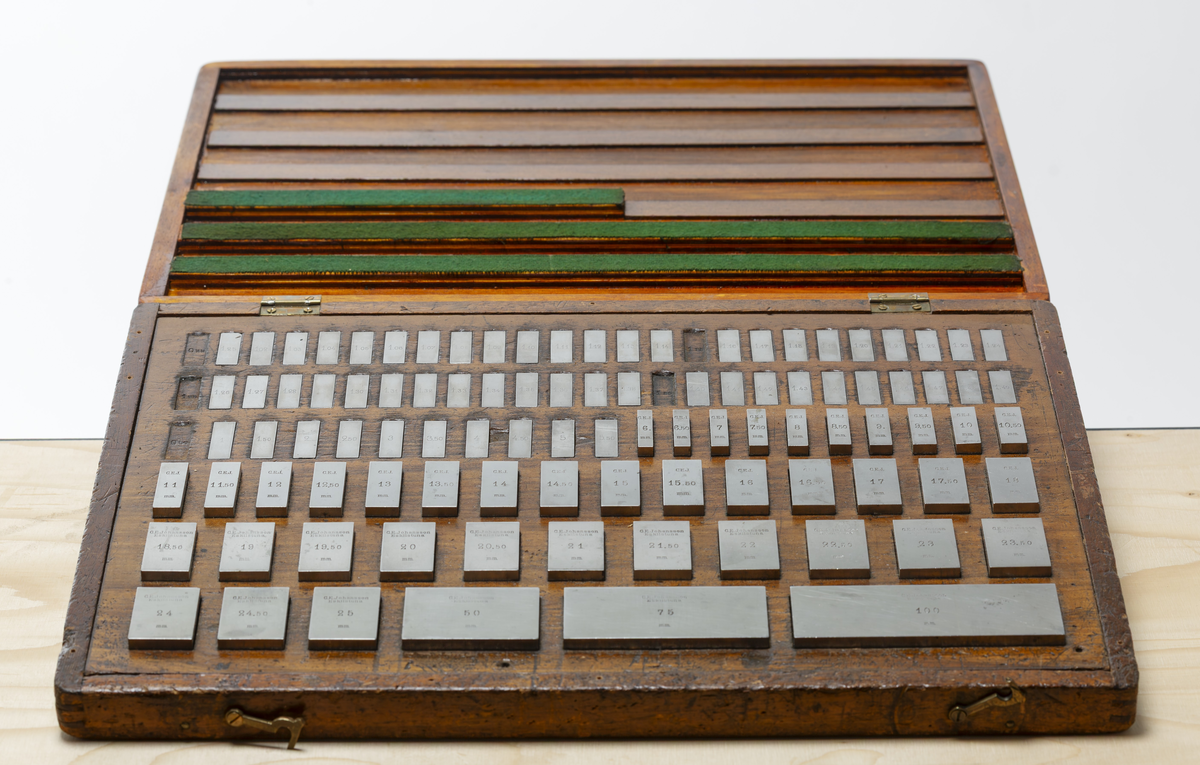 C. E. Johansson wanted to develop a set of combination gauge blocks that could be combined with each other to be able to provide all the measurements needed in industrial manufacturing. His combination gauge first had 102, then 46 pieces of steel that became world famous. The steel pieces' surfaces were so even that they were held together and could not be pulled apart. Instead, they would be pushed apart laterally. The pieces of steel could form a rod of precise length that could be picked up and held without falling apart. It was used to calibrate other measuring tools and machines. He went down in history as Mått-Johansson and worked for a time for Henry Ford in the USA.
