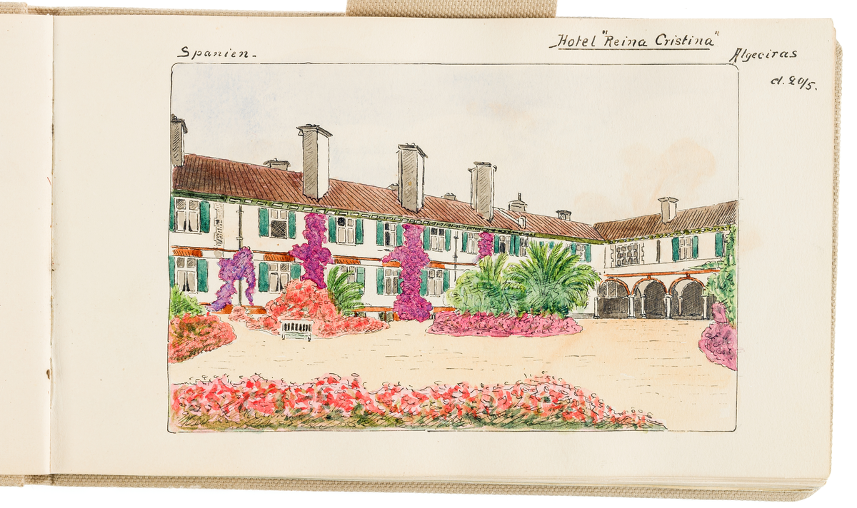 Denna kolorerade teckning visar hotellet "Reina Cristina" i Algeciras vars innergård är smyckat med många blommor.