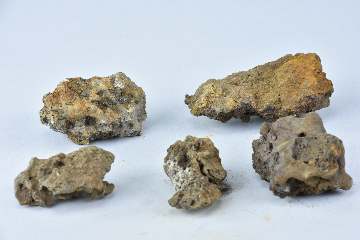 Fem stycken av osmundslagg. (Nihléns undersökningar, Smedjegatan schakt I)
Storled mellan 40 - 90 mm. Sammanlagd vikt 415 g.