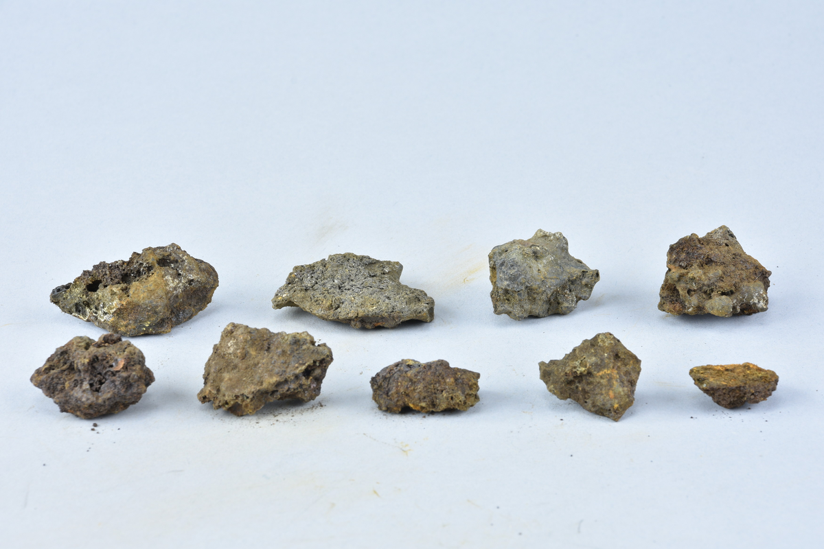 Ett flertal mindre fragment av osmundslagg. (Nihléns undersökningar, Smedjegatan schakt I)
Storlek upp till 50 mm. Sammanlagd vikt 174 g.