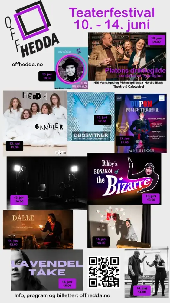 Plakat for teaterfestivalen Off-Hedda 10.-14. juni 2025.