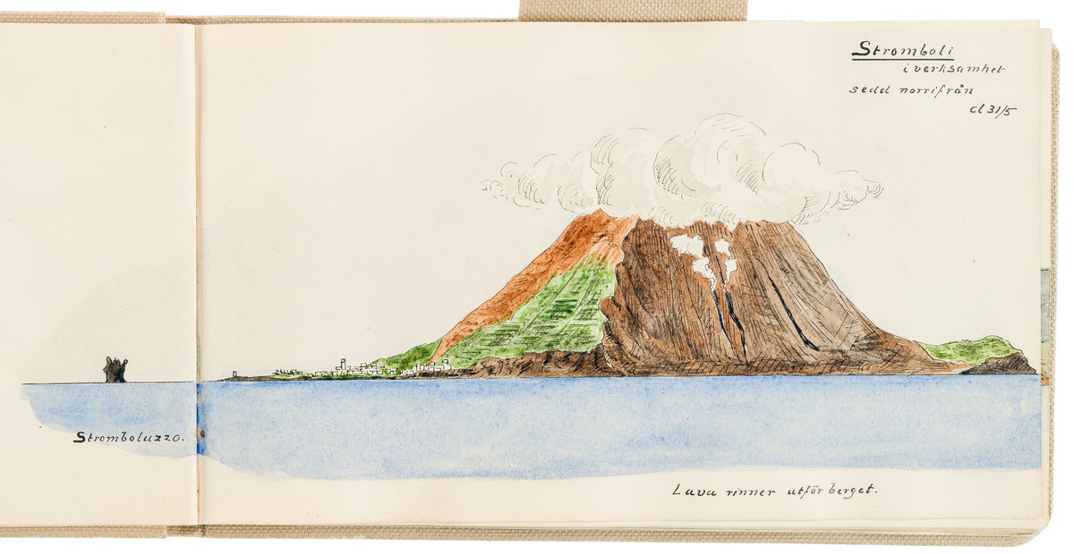 Denna kolorerade förtoning föreställer en vy på vulkanen Stromboli.