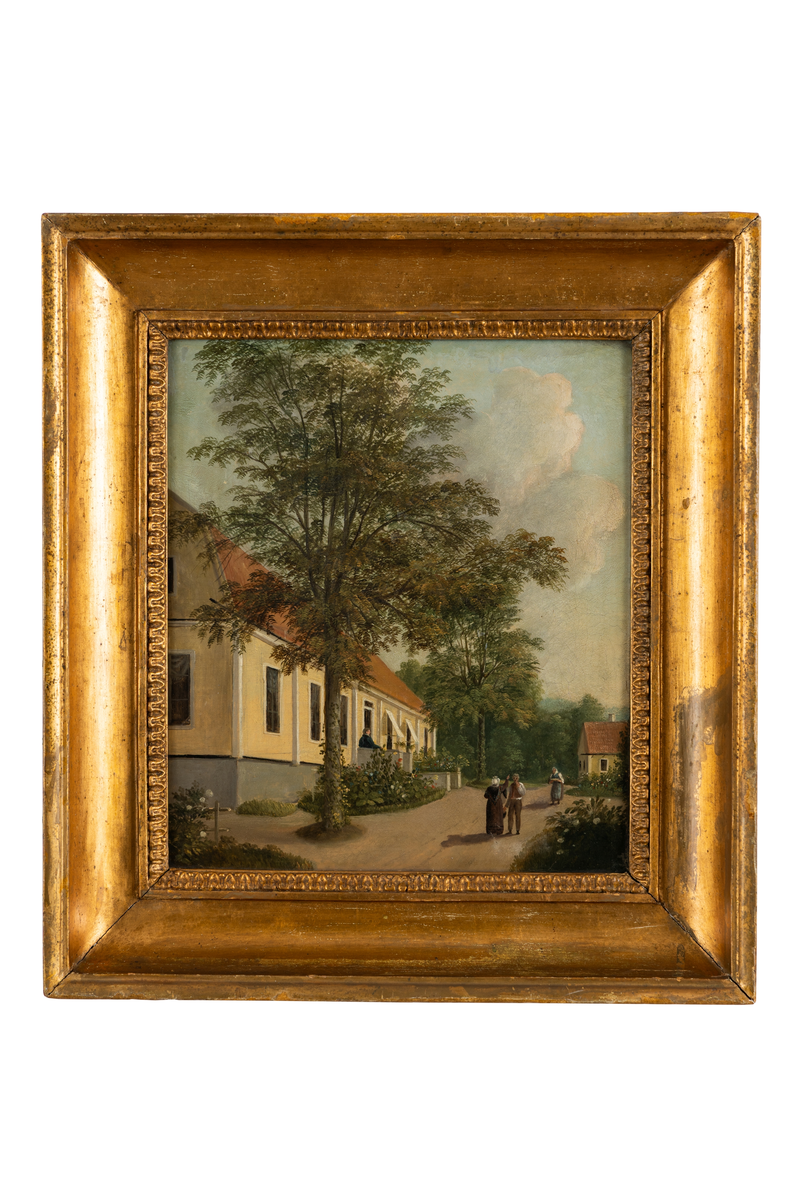 Byggnad, människor, trädgård