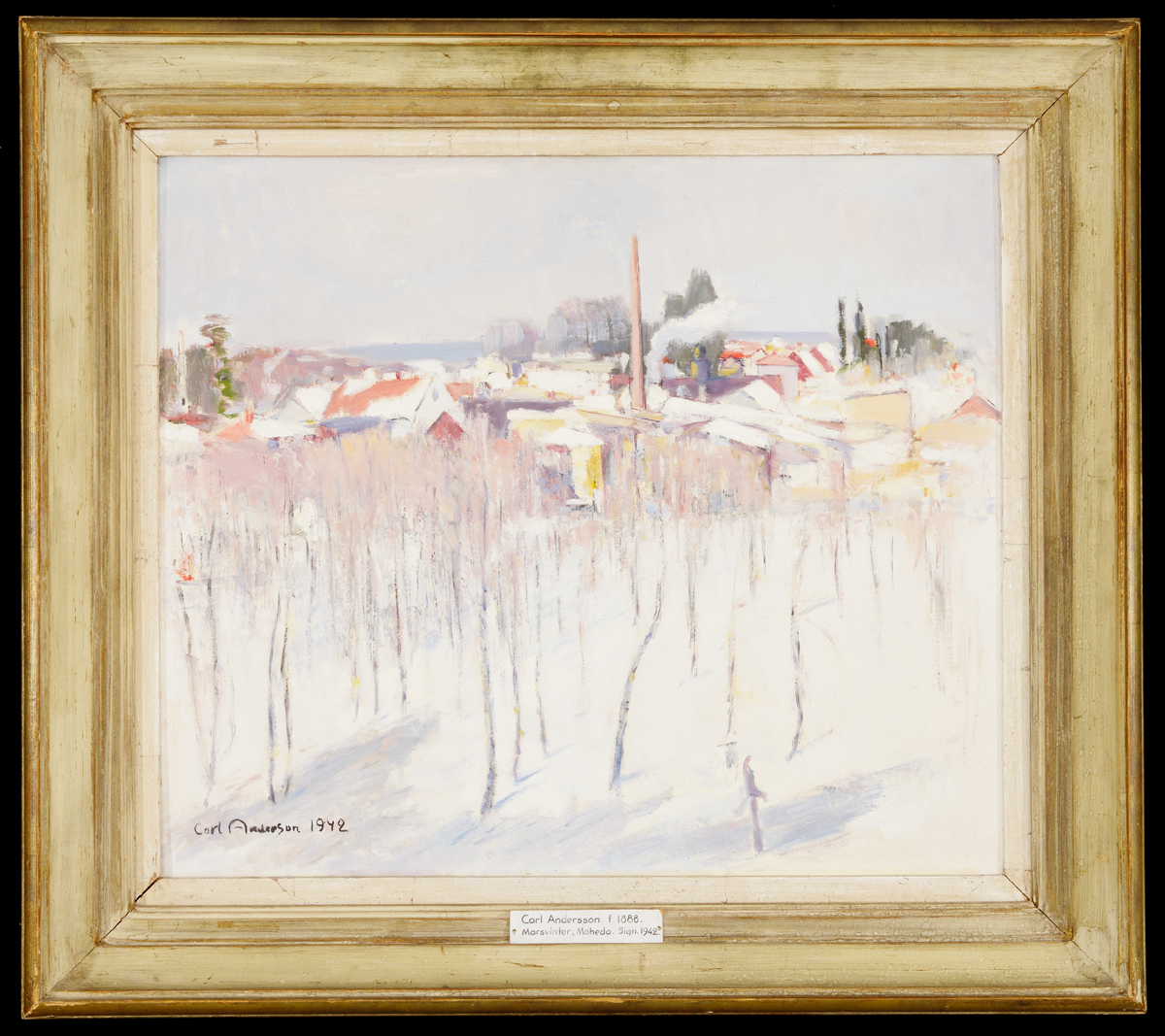 Oljemålning på duk.
Marsvinter. 
Snöigt landskap med ett samhälle i bakgrunden.