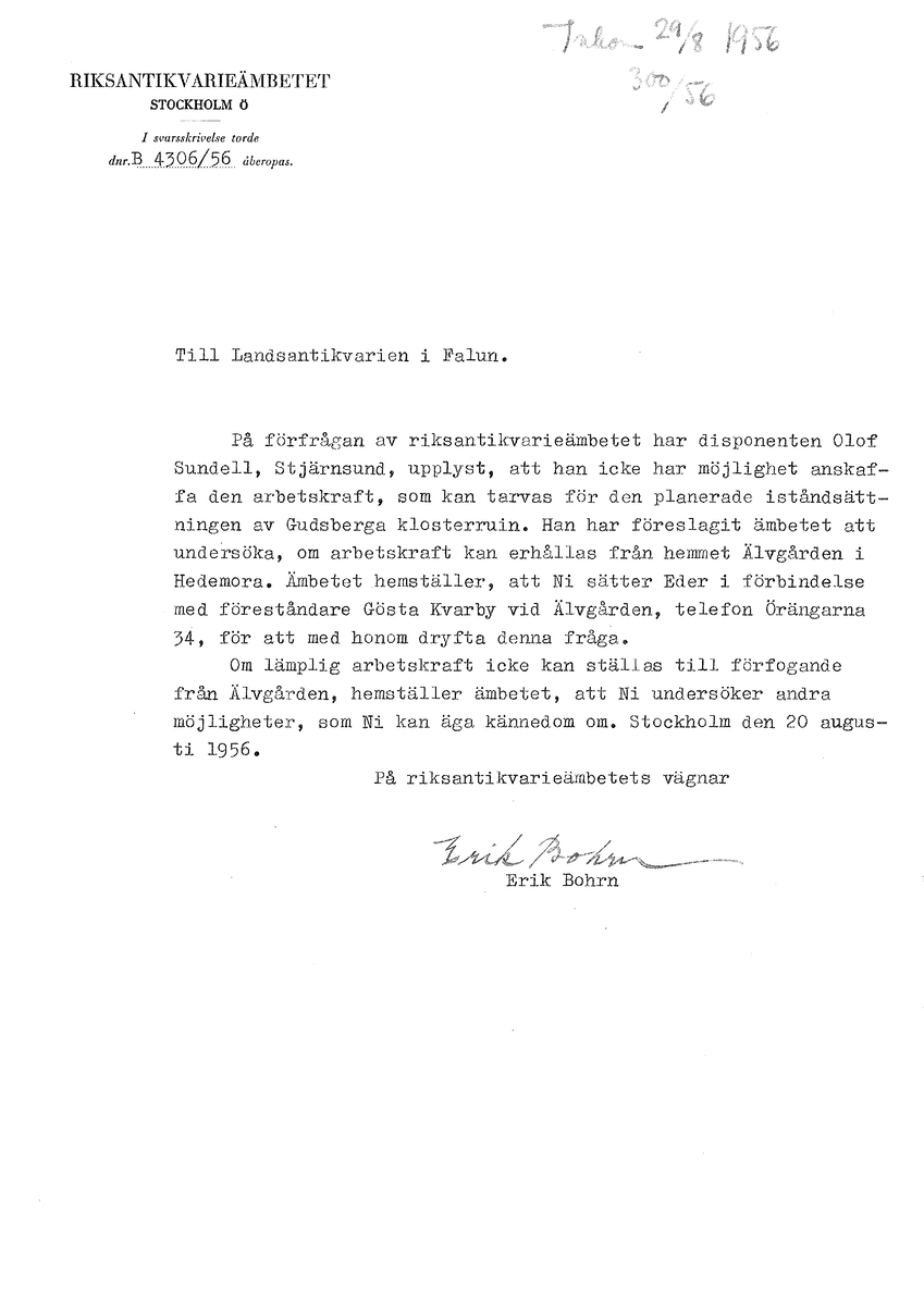 Korrespondens åren 1955-67 i samband med restaureringen av Gudsbergs kloster.

Adressater bl.a: Korsnäs Aktiebolag, RAÄ, Kommunalnämnden i Husby, Kersti Jobs, Disponent Olof Sundell Stjärnsund, Fagersta Bruks AB, Åke Hyenstrand.
