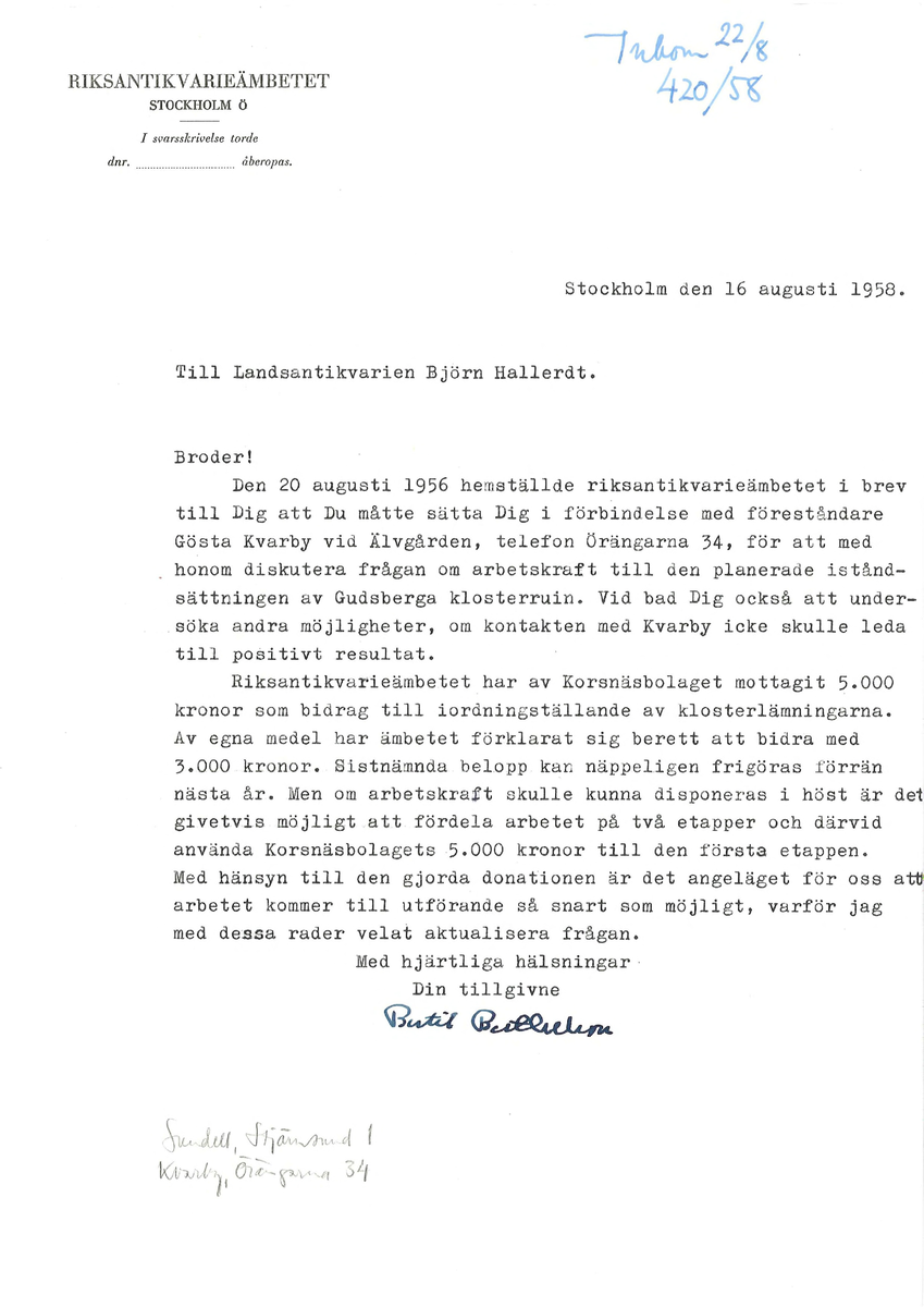 Korrespondens åren 1955-67 i samband med restaureringen av Gudsbergs kloster.

Adressater bl.a: Korsnäs Aktiebolag, RAÄ, Kommunalnämnden i Husby, Kersti Jobs, Disponent Olof Sundell Stjärnsund, Fagersta Bruks AB, Åke Hyenstrand.