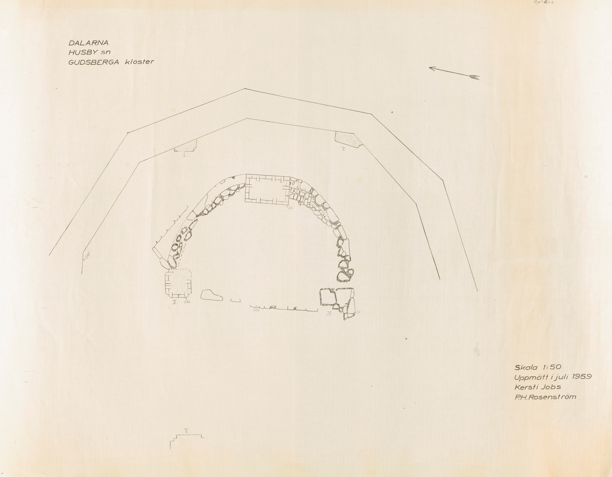Karta, planritningar, m.m. över Gudsberga kloster i Husby socken. Av Åke Hyenstrand, Kersti Jobs, Per Henrik Rosenström och Björn Hallerdt, uppmätt 1959-61.