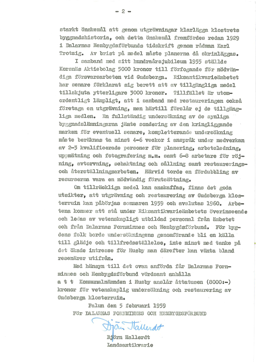 Korrespondens åren 1955-67 i samband med restaureringen av Gudsbergs kloster.

Adressater bl.a: Korsnäs Aktiebolag, RAÄ, Kommunalnämnden i Husby, Kersti Jobs, Disponent Olof Sundell Stjärnsund, Fagersta Bruks AB, Åke Hyenstrand.