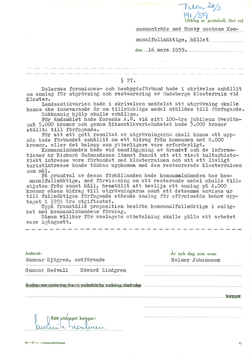 Korrespondens åren 1955-67 i samband med restaureringen av Gudsbergs kloster.

Adressater bl.a: Korsnäs Aktiebolag, RAÄ, Kommunalnämnden i Husby, Kersti Jobs, Disponent Olof Sundell Stjärnsund, Fagersta Bruks AB, Åke Hyenstrand.