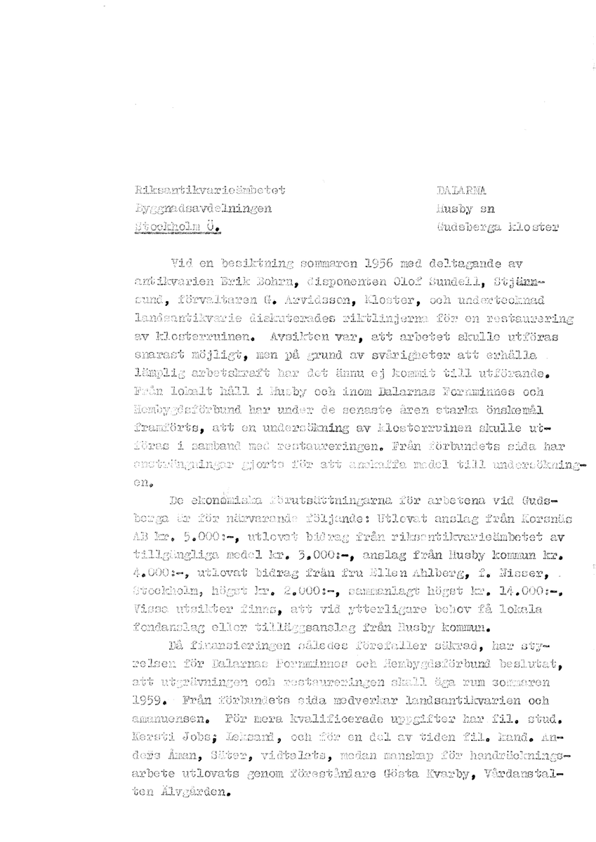 Korrespondens åren 1955-67 i samband med restaureringen av Gudsbergs kloster.

Adressater bl.a: Korsnäs Aktiebolag, RAÄ, Kommunalnämnden i Husby, Kersti Jobs, Disponent Olof Sundell Stjärnsund, Fagersta Bruks AB, Åke Hyenstrand.