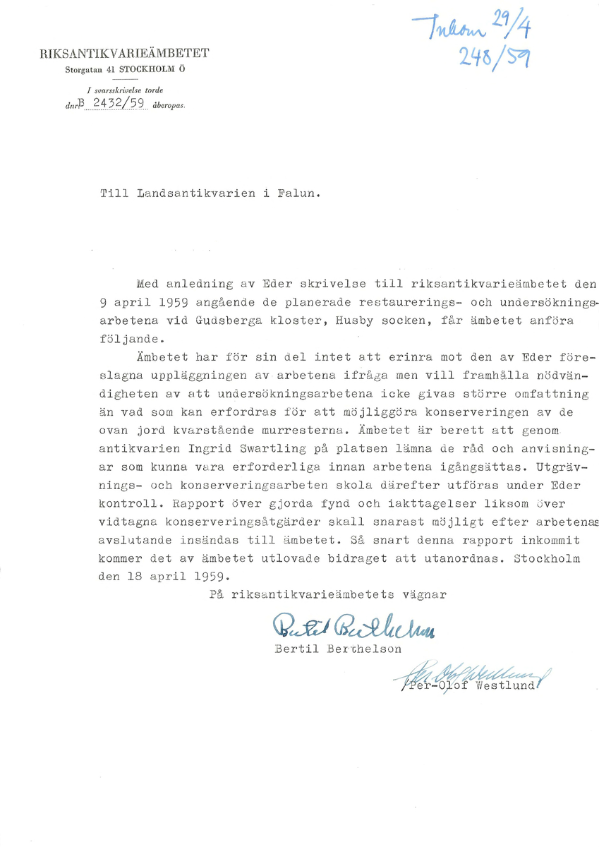 Korrespondens åren 1955-67 i samband med restaureringen av Gudsbergs kloster.

Adressater bl.a: Korsnäs Aktiebolag, RAÄ, Kommunalnämnden i Husby, Kersti Jobs, Disponent Olof Sundell Stjärnsund, Fagersta Bruks AB, Åke Hyenstrand.