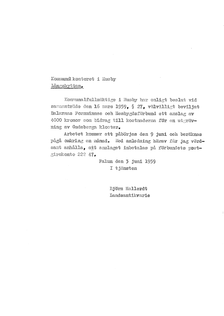 Korrespondens åren 1955-67 i samband med restaureringen av Gudsbergs kloster.

Adressater bl.a: Korsnäs Aktiebolag, RAÄ, Kommunalnämnden i Husby, Kersti Jobs, Disponent Olof Sundell Stjärnsund, Fagersta Bruks AB, Åke Hyenstrand.