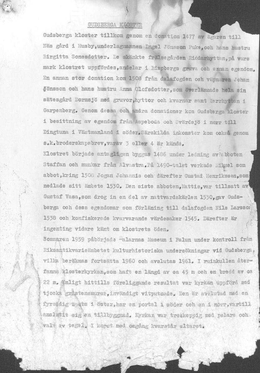 Korrespondens åren 1955-67 i samband med restaureringen av Gudsbergs kloster.

Adressater bl.a: Korsnäs Aktiebolag, RAÄ, Kommunalnämnden i Husby, Kersti Jobs, Disponent Olof Sundell Stjärnsund, Fagersta Bruks AB, Åke Hyenstrand.