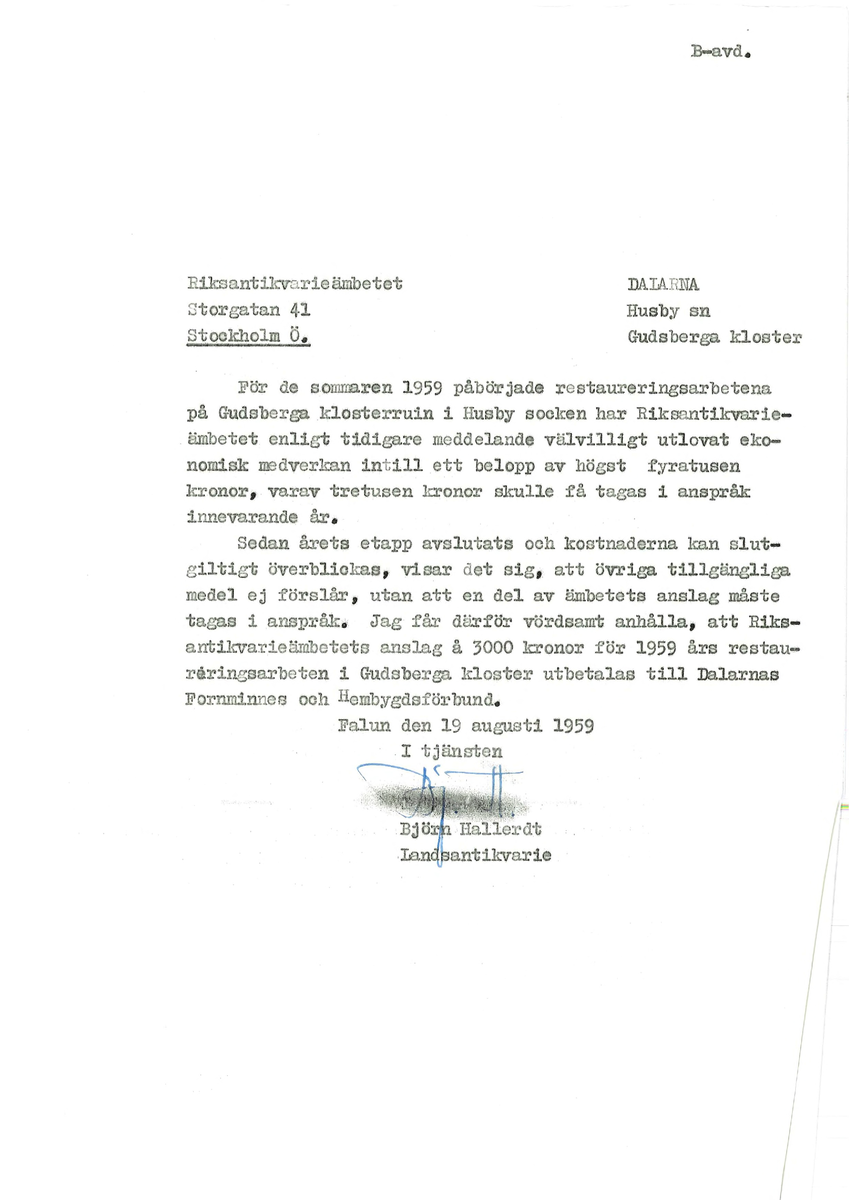 Korrespondens åren 1955-67 i samband med restaureringen av Gudsbergs kloster.

Adressater bl.a: Korsnäs Aktiebolag, RAÄ, Kommunalnämnden i Husby, Kersti Jobs, Disponent Olof Sundell Stjärnsund, Fagersta Bruks AB, Åke Hyenstrand.