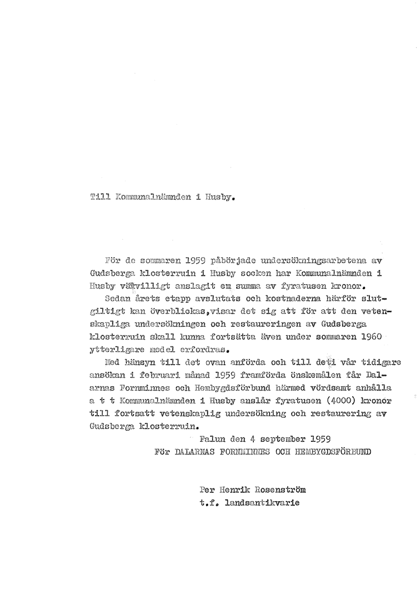 Korrespondens åren 1955-67 i samband med restaureringen av Gudsbergs kloster.

Adressater bl.a: Korsnäs Aktiebolag, RAÄ, Kommunalnämnden i Husby, Kersti Jobs, Disponent Olof Sundell Stjärnsund, Fagersta Bruks AB, Åke Hyenstrand.