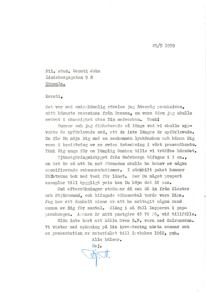 Korrespondens åren 1955-67 i samband med restaureringen av Gudsbergs kloster.

Adressater bl.a: Korsnäs Aktiebolag, RAÄ, Kommunalnämnden i Husby, Kersti Jobs, Disponent Olof Sundell Stjärnsund, Fagersta Bruks AB, Åke Hyenstrand.