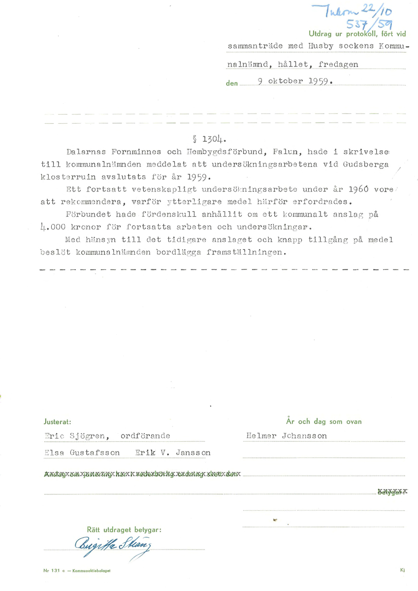 Korrespondens åren 1955-67 i samband med restaureringen av Gudsbergs kloster.

Adressater bl.a: Korsnäs Aktiebolag, RAÄ, Kommunalnämnden i Husby, Kersti Jobs, Disponent Olof Sundell Stjärnsund, Fagersta Bruks AB, Åke Hyenstrand.