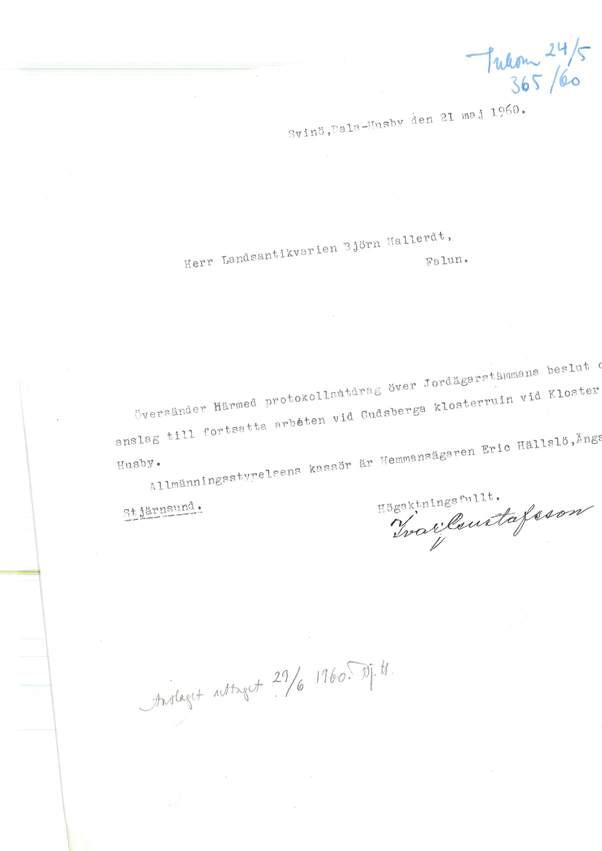 Korrespondens åren 1955-67 i samband med restaureringen av Gudsbergs kloster.

Adressater bl.a: Korsnäs Aktiebolag, RAÄ, Kommunalnämnden i Husby, Kersti Jobs, Disponent Olof Sundell Stjärnsund, Fagersta Bruks AB, Åke Hyenstrand.