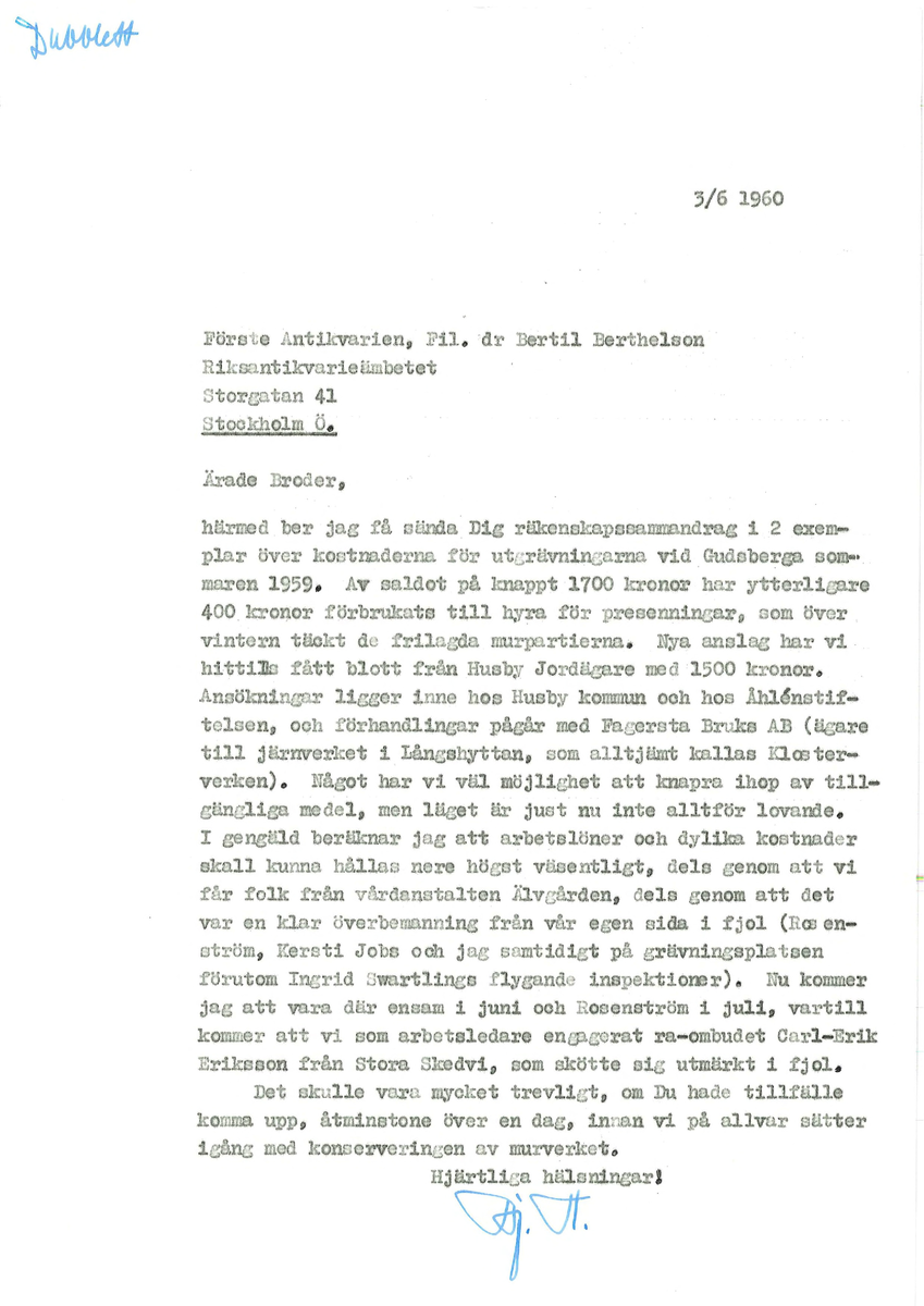 Korrespondens åren 1955-67 i samband med restaureringen av Gudsbergs kloster.

Adressater bl.a: Korsnäs Aktiebolag, RAÄ, Kommunalnämnden i Husby, Kersti Jobs, Disponent Olof Sundell Stjärnsund, Fagersta Bruks AB, Åke Hyenstrand.
