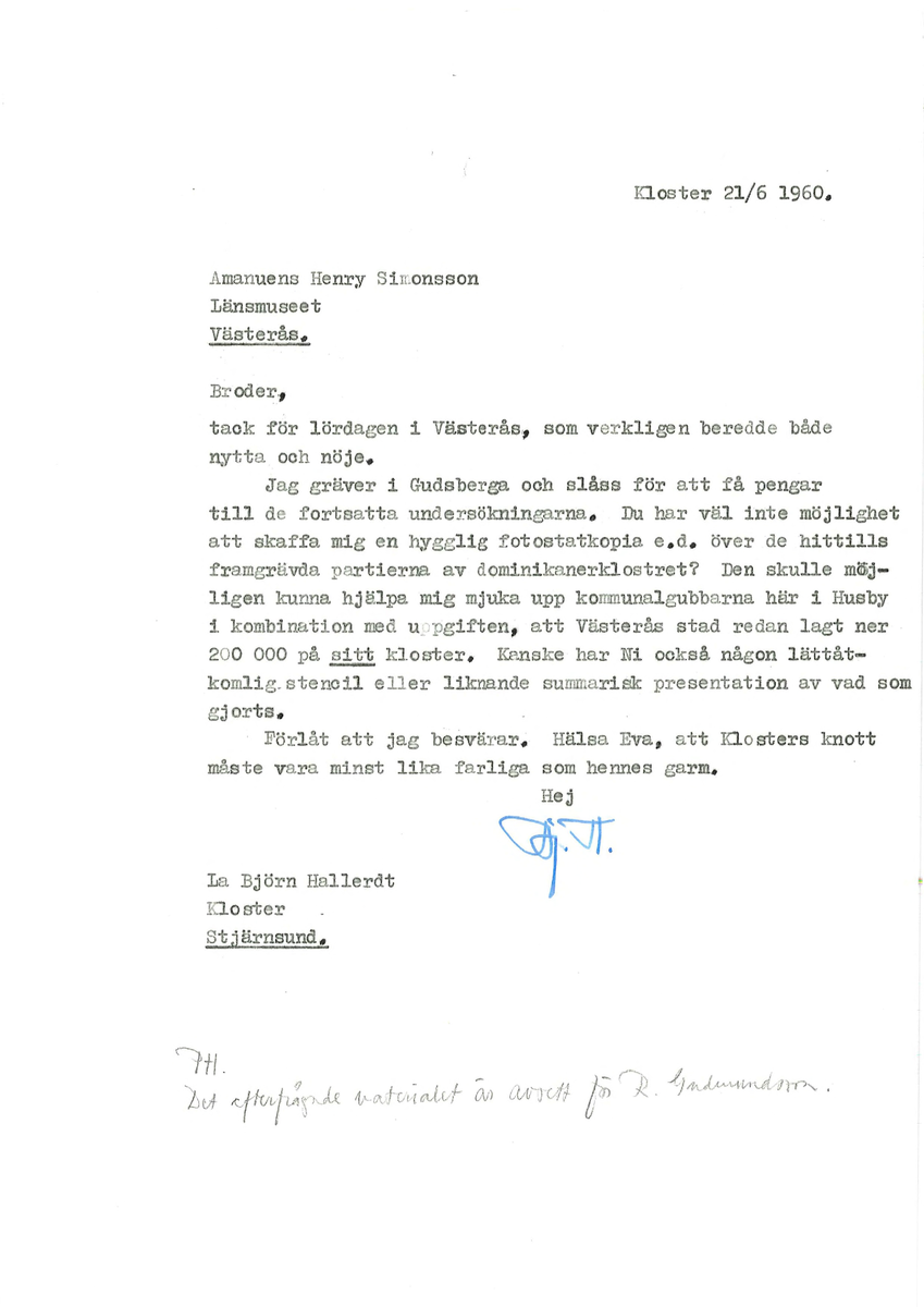 Korrespondens åren 1955-67 i samband med restaureringen av Gudsbergs kloster.

Adressater bl.a: Korsnäs Aktiebolag, RAÄ, Kommunalnämnden i Husby, Kersti Jobs, Disponent Olof Sundell Stjärnsund, Fagersta Bruks AB, Åke Hyenstrand.