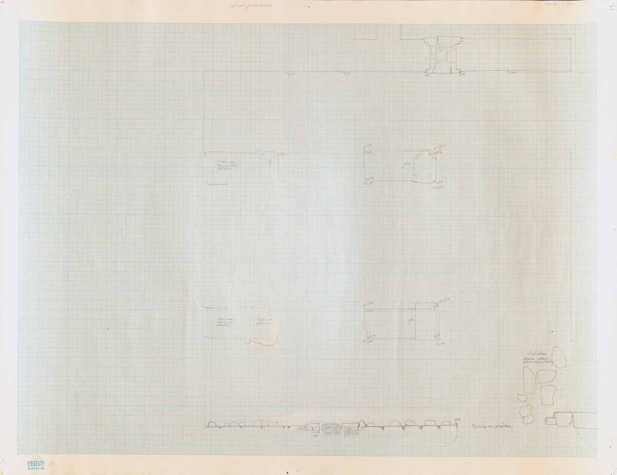Karta, planritningar, m.m. över Gudsberga kloster i Husby socken. Av Åke Hyenstrand, Kersti Jobs, Per Henrik Rosenström och Björn Hallerdt, uppmätt 1959-61.