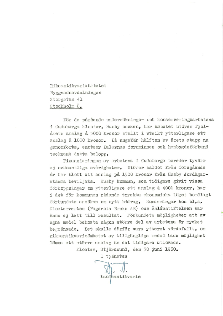 Korrespondens åren 1955-67 i samband med restaureringen av Gudsbergs kloster.

Adressater bl.a: Korsnäs Aktiebolag, RAÄ, Kommunalnämnden i Husby, Kersti Jobs, Disponent Olof Sundell Stjärnsund, Fagersta Bruks AB, Åke Hyenstrand.