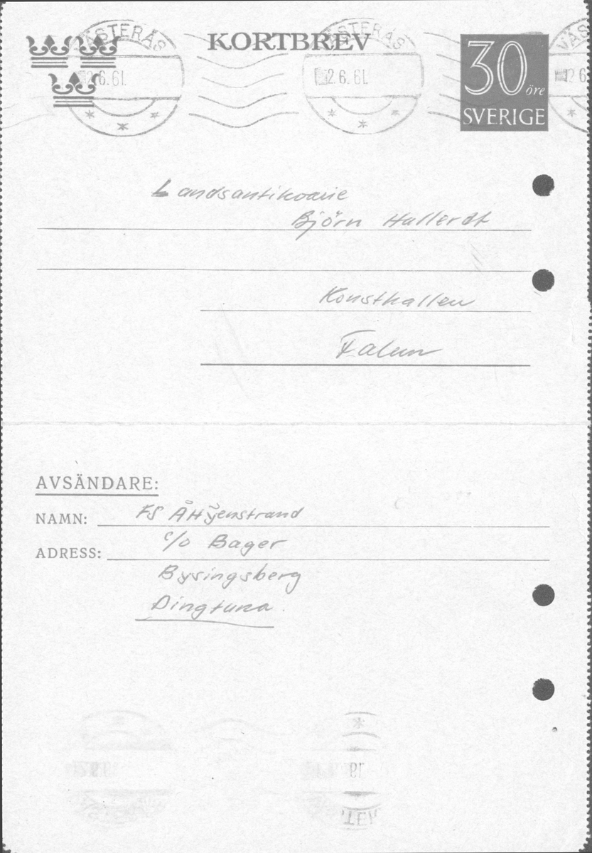 Korrespondens åren 1955-67 i samband med restaureringen av Gudsbergs kloster.

Adressater bl.a: Korsnäs Aktiebolag, RAÄ, Kommunalnämnden i Husby, Kersti Jobs, Disponent Olof Sundell Stjärnsund, Fagersta Bruks AB, Åke Hyenstrand.