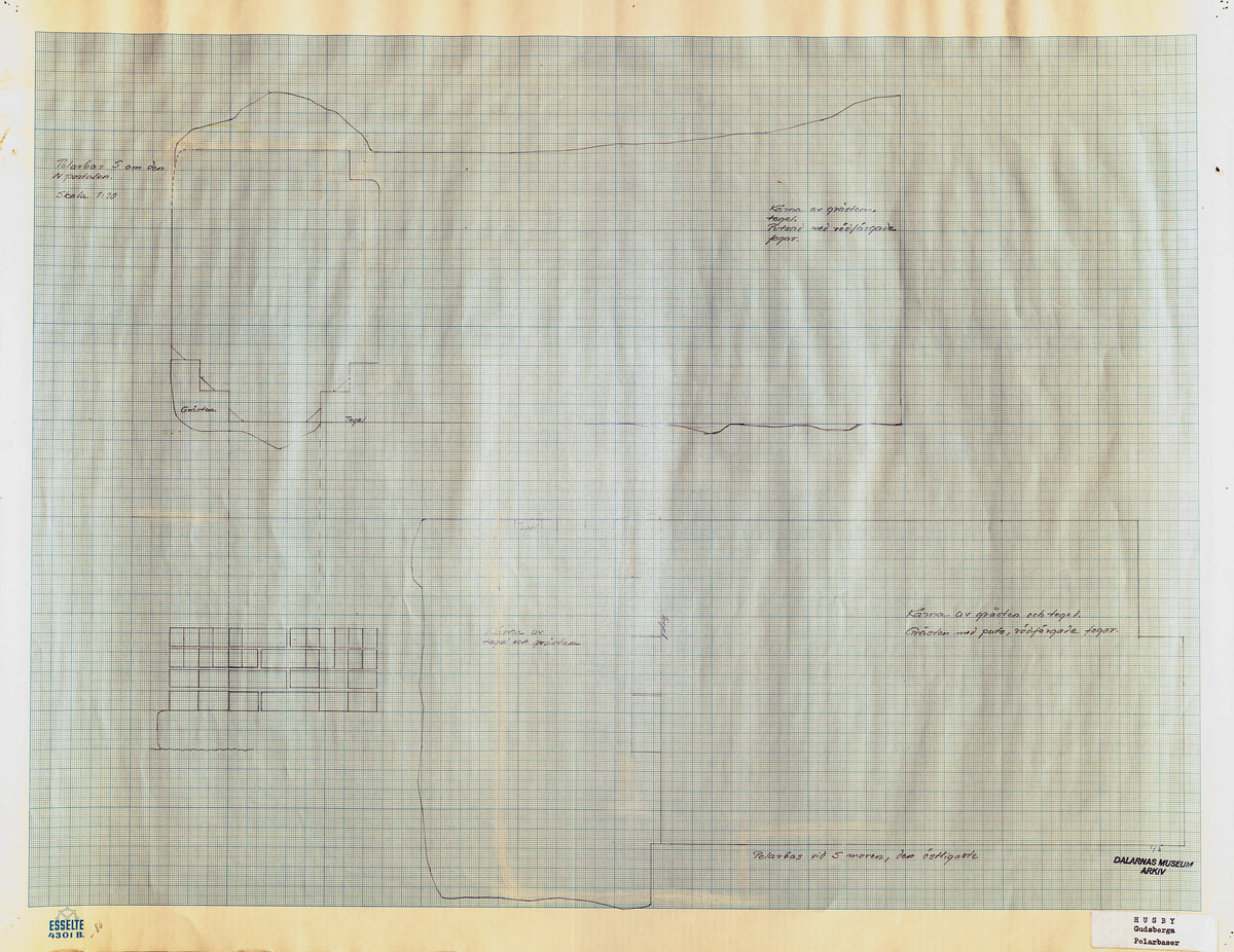 Karta, planritningar, m.m. över Gudsberga kloster i Husby socken. Av Åke Hyenstrand, Kersti Jobs, Per Henrik Rosenström och Björn Hallerdt, uppmätt 1959-61.