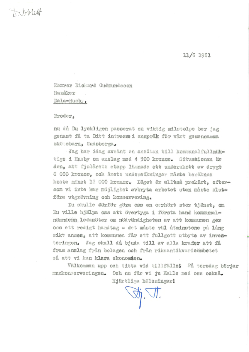 Korrespondens åren 1955-67 i samband med restaureringen av Gudsbergs kloster.

Adressater bl.a: Korsnäs Aktiebolag, RAÄ, Kommunalnämnden i Husby, Kersti Jobs, Disponent Olof Sundell Stjärnsund, Fagersta Bruks AB, Åke Hyenstrand.