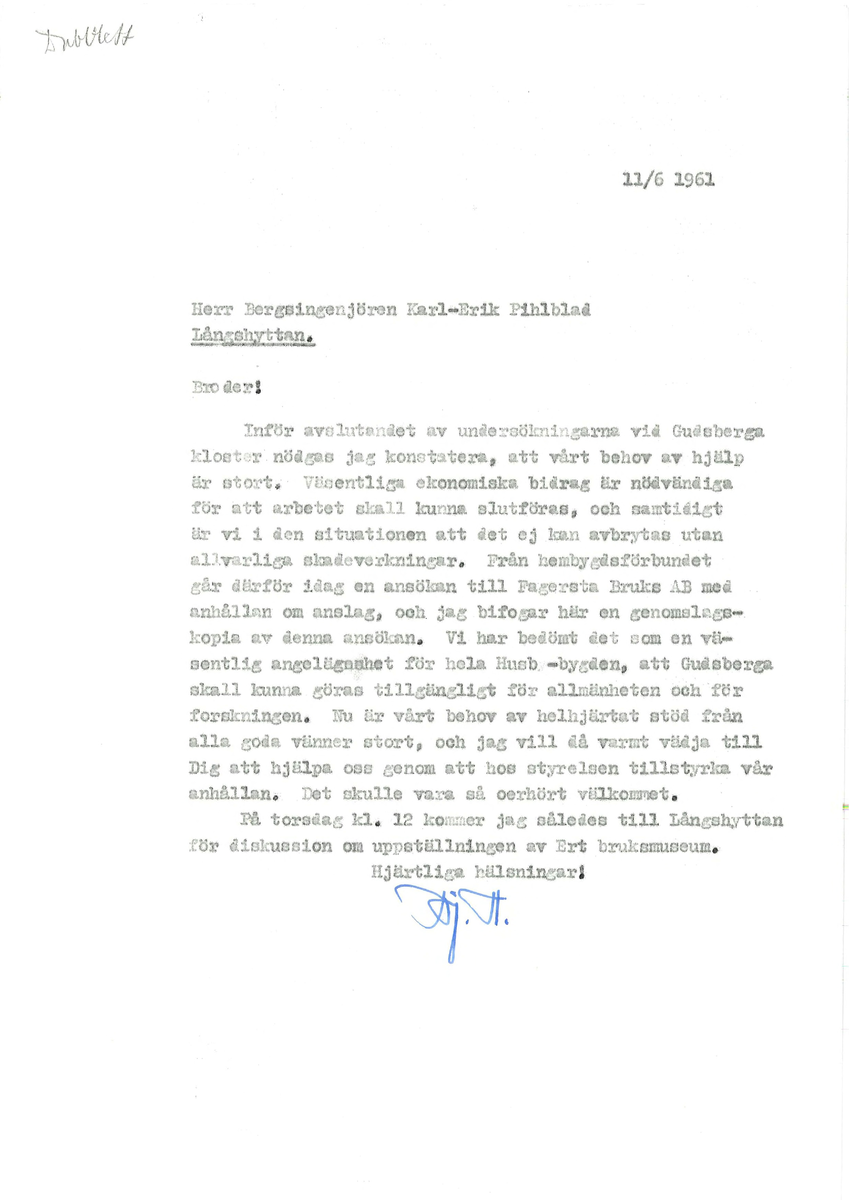 Korrespondens åren 1955-67 i samband med restaureringen av Gudsbergs kloster.

Adressater bl.a: Korsnäs Aktiebolag, RAÄ, Kommunalnämnden i Husby, Kersti Jobs, Disponent Olof Sundell Stjärnsund, Fagersta Bruks AB, Åke Hyenstrand.
