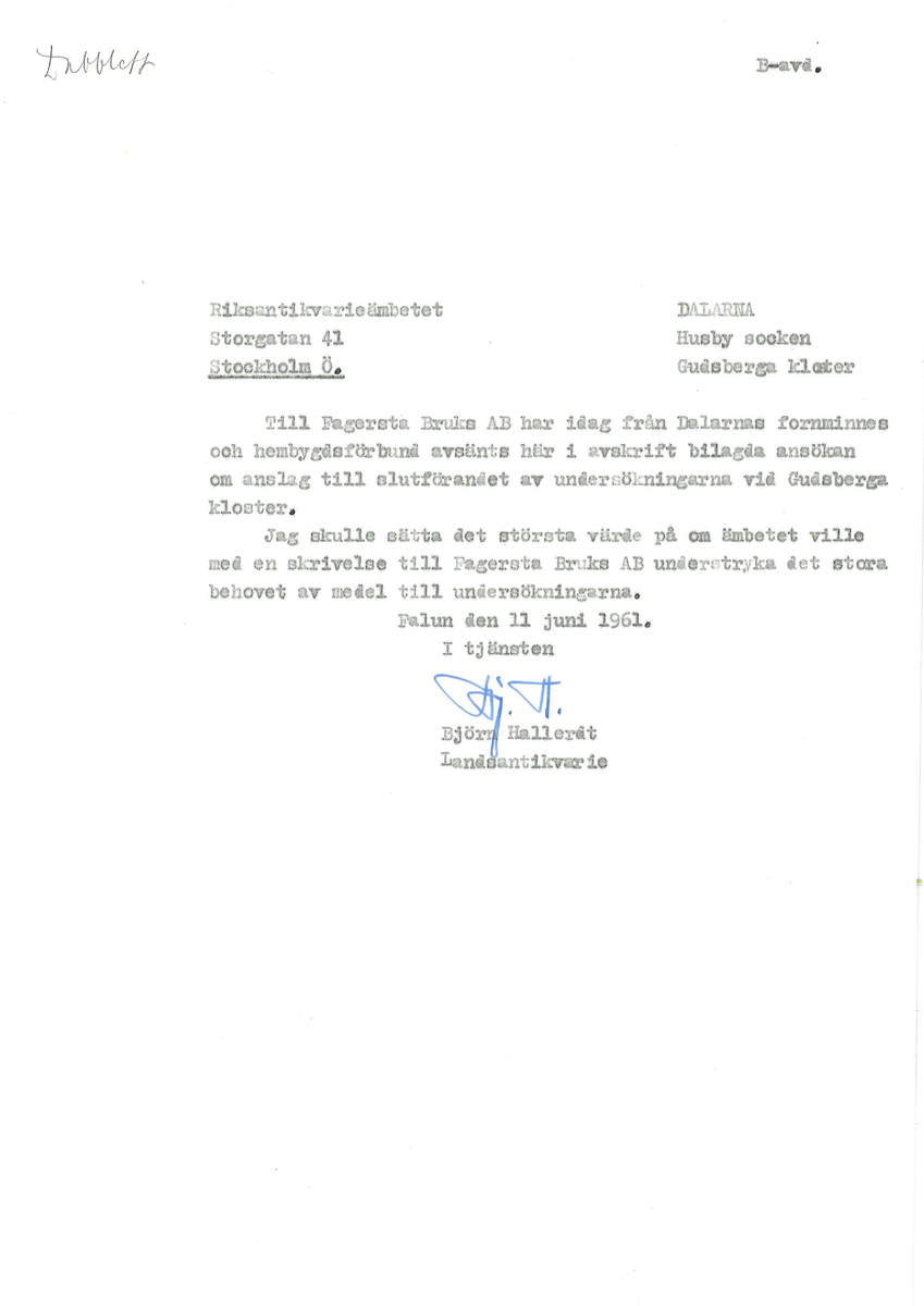 Korrespondens åren 1955-67 i samband med restaureringen av Gudsbergs kloster.

Adressater bl.a: Korsnäs Aktiebolag, RAÄ, Kommunalnämnden i Husby, Kersti Jobs, Disponent Olof Sundell Stjärnsund, Fagersta Bruks AB, Åke Hyenstrand.