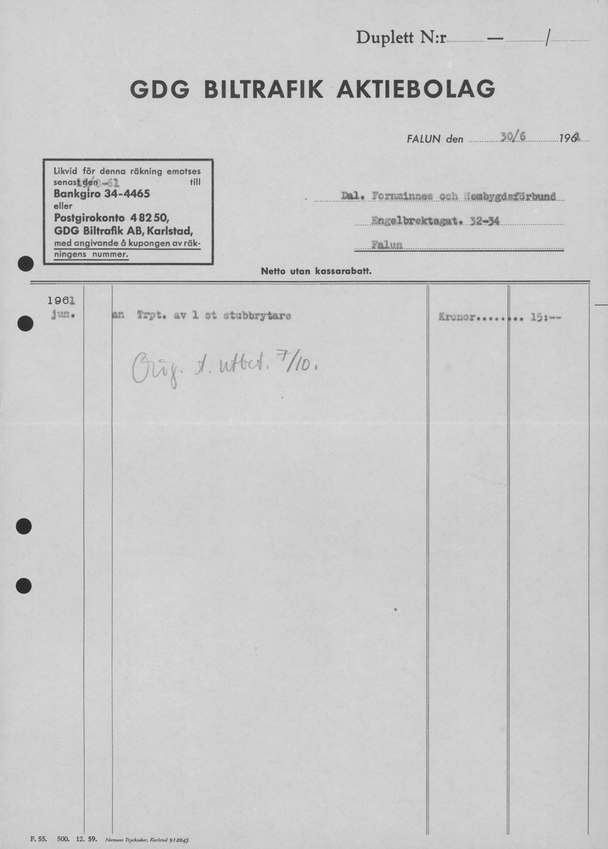 In- och utbetalningar för de arkeologiska undersökningarna i Gudsberga kloster år 1959-61.
