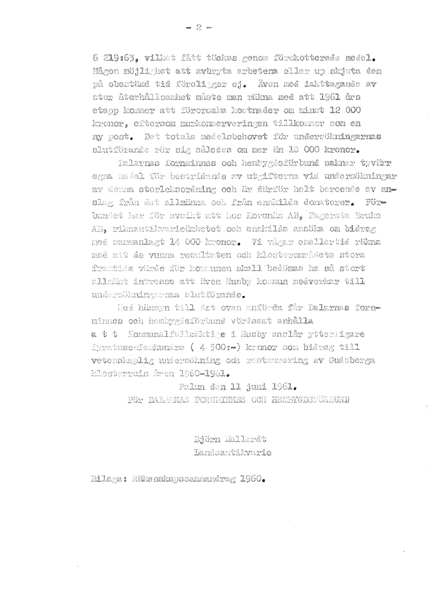 Korrespondens åren 1955-67 i samband med restaureringen av Gudsbergs kloster.

Adressater bl.a: Korsnäs Aktiebolag, RAÄ, Kommunalnämnden i Husby, Kersti Jobs, Disponent Olof Sundell Stjärnsund, Fagersta Bruks AB, Åke Hyenstrand.