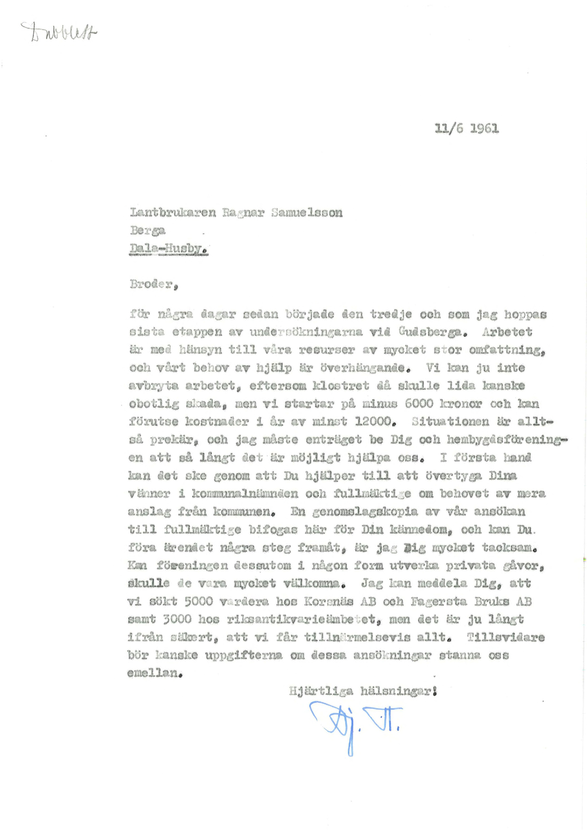 Korrespondens åren 1955-67 i samband med restaureringen av Gudsbergs kloster.

Adressater bl.a: Korsnäs Aktiebolag, RAÄ, Kommunalnämnden i Husby, Kersti Jobs, Disponent Olof Sundell Stjärnsund, Fagersta Bruks AB, Åke Hyenstrand.