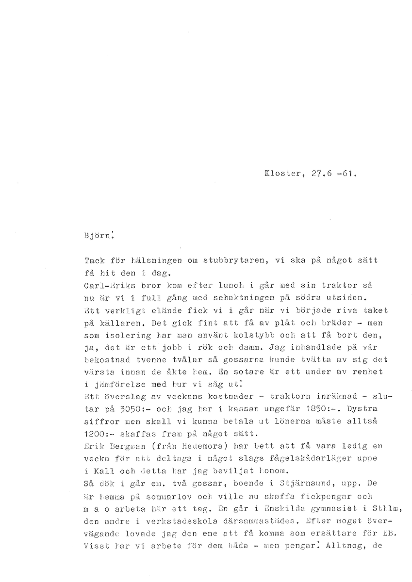 Korrespondens åren 1955-67 i samband med restaureringen av Gudsbergs kloster.

Adressater bl.a: Korsnäs Aktiebolag, RAÄ, Kommunalnämnden i Husby, Kersti Jobs, Disponent Olof Sundell Stjärnsund, Fagersta Bruks AB, Åke Hyenstrand.