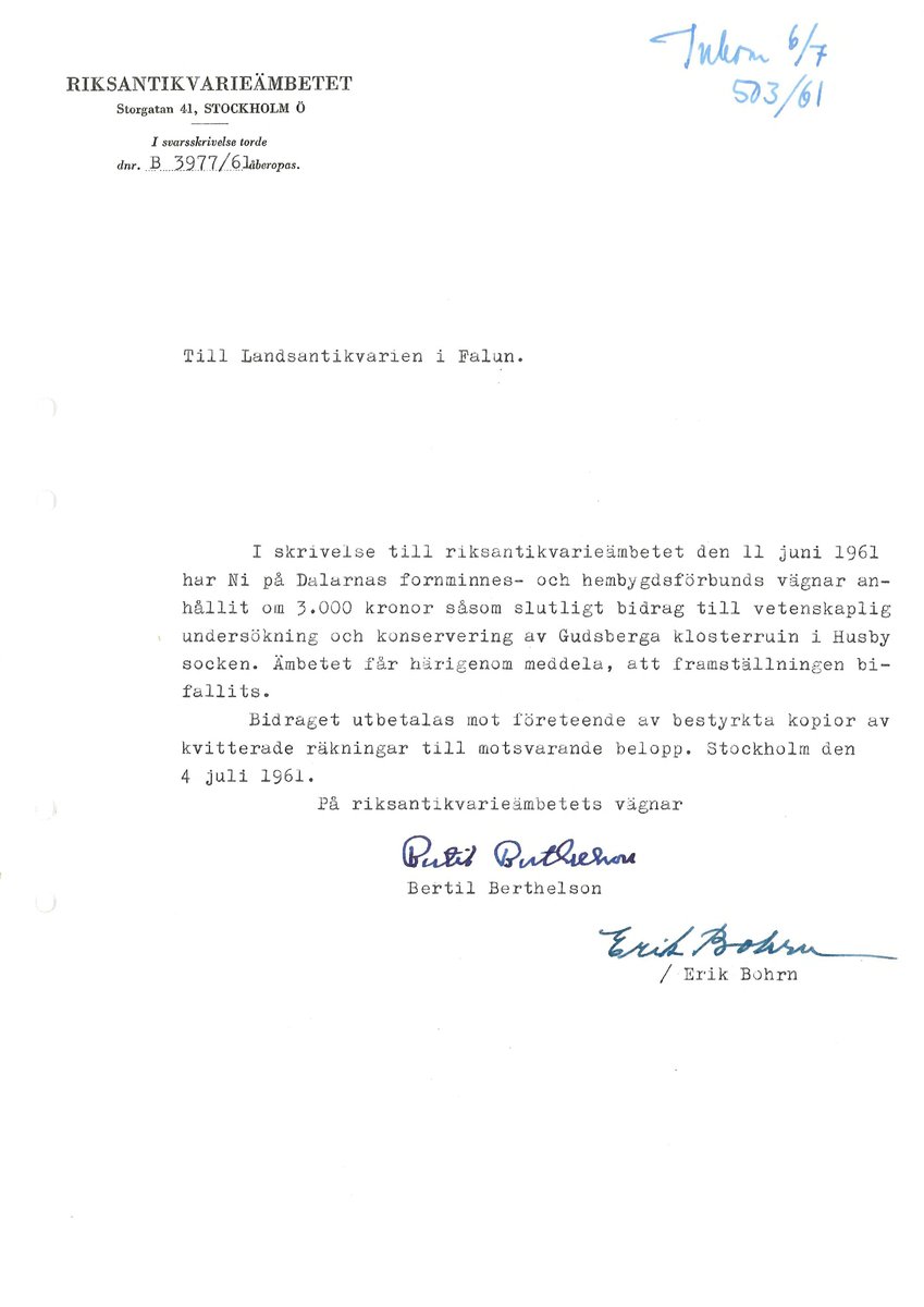 Korrespondens åren 1955-67 i samband med restaureringen av Gudsbergs kloster.

Adressater bl.a: Korsnäs Aktiebolag, RAÄ, Kommunalnämnden i Husby, Kersti Jobs, Disponent Olof Sundell Stjärnsund, Fagersta Bruks AB, Åke Hyenstrand.