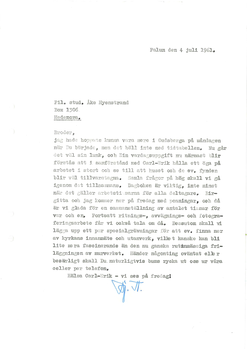 Korrespondens åren 1955-67 i samband med restaureringen av Gudsbergs kloster.

Adressater bl.a: Korsnäs Aktiebolag, RAÄ, Kommunalnämnden i Husby, Kersti Jobs, Disponent Olof Sundell Stjärnsund, Fagersta Bruks AB, Åke Hyenstrand.