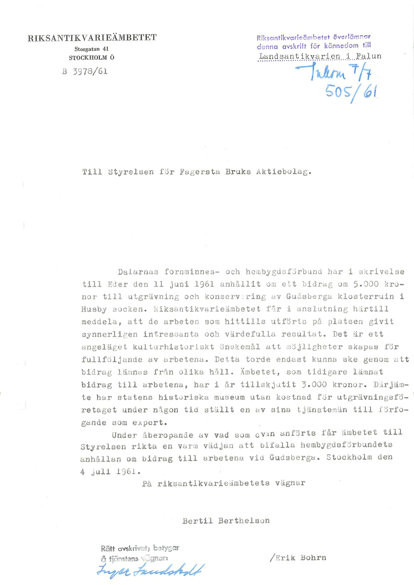 Korrespondens åren 1955-67 i samband med restaureringen av Gudsbergs kloster.

Adressater bl.a: Korsnäs Aktiebolag, RAÄ, Kommunalnämnden i Husby, Kersti Jobs, Disponent Olof Sundell Stjärnsund, Fagersta Bruks AB, Åke Hyenstrand.