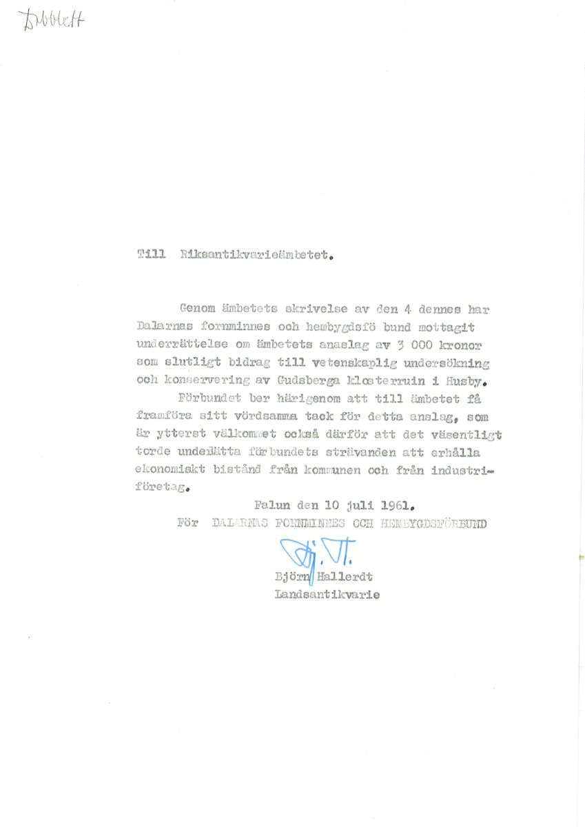Korrespondens åren 1955-67 i samband med restaureringen av Gudsbergs kloster.

Adressater bl.a: Korsnäs Aktiebolag, RAÄ, Kommunalnämnden i Husby, Kersti Jobs, Disponent Olof Sundell Stjärnsund, Fagersta Bruks AB, Åke Hyenstrand.