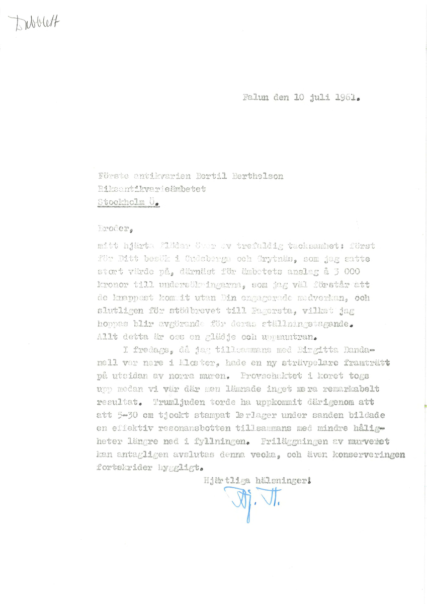 Korrespondens åren 1955-67 i samband med restaureringen av Gudsbergs kloster.

Adressater bl.a: Korsnäs Aktiebolag, RAÄ, Kommunalnämnden i Husby, Kersti Jobs, Disponent Olof Sundell Stjärnsund, Fagersta Bruks AB, Åke Hyenstrand.