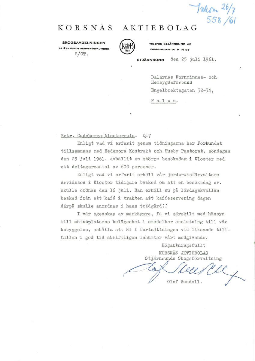 Korrespondens åren 1955-67 i samband med restaureringen av Gudsbergs kloster.

Adressater bl.a: Korsnäs Aktiebolag, RAÄ, Kommunalnämnden i Husby, Kersti Jobs, Disponent Olof Sundell Stjärnsund, Fagersta Bruks AB, Åke Hyenstrand.