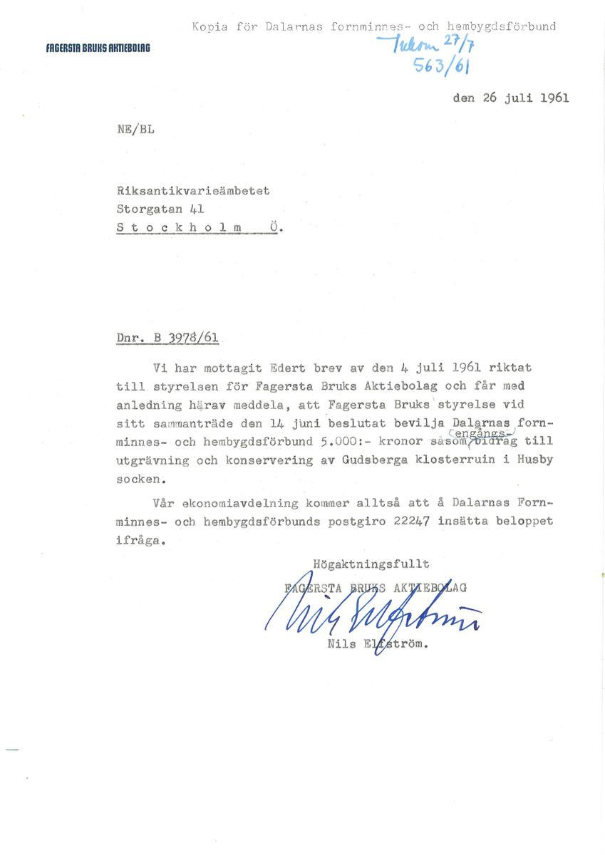 Korrespondens åren 1955-67 i samband med restaureringen av Gudsbergs kloster.

Adressater bl.a: Korsnäs Aktiebolag, RAÄ, Kommunalnämnden i Husby, Kersti Jobs, Disponent Olof Sundell Stjärnsund, Fagersta Bruks AB, Åke Hyenstrand.