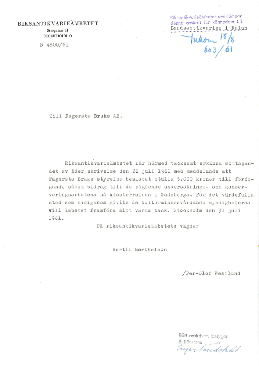 Korrespondens åren 1955-67 i samband med restaureringen av Gudsbergs kloster.

Adressater bl.a: Korsnäs Aktiebolag, RAÄ, Kommunalnämnden i Husby, Kersti Jobs, Disponent Olof Sundell Stjärnsund, Fagersta Bruks AB, Åke Hyenstrand.