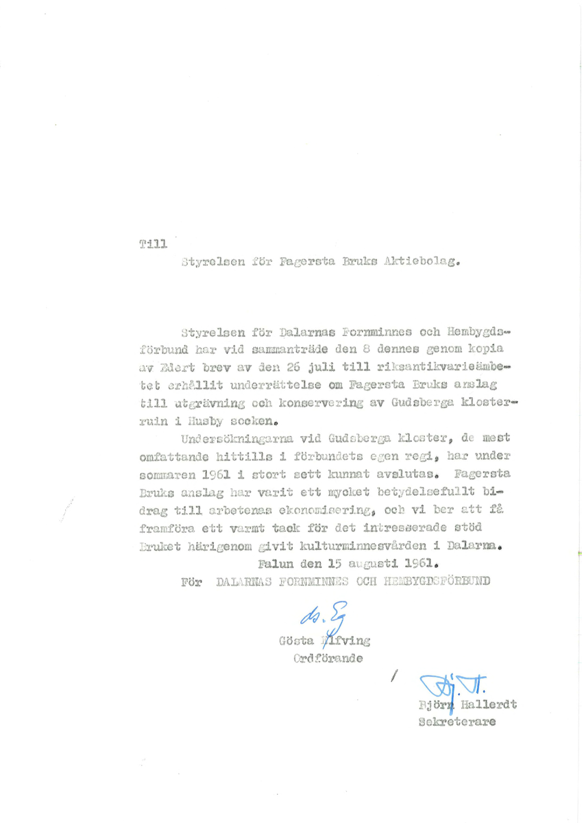 Korrespondens åren 1955-67 i samband med restaureringen av Gudsbergs kloster.

Adressater bl.a: Korsnäs Aktiebolag, RAÄ, Kommunalnämnden i Husby, Kersti Jobs, Disponent Olof Sundell Stjärnsund, Fagersta Bruks AB, Åke Hyenstrand.