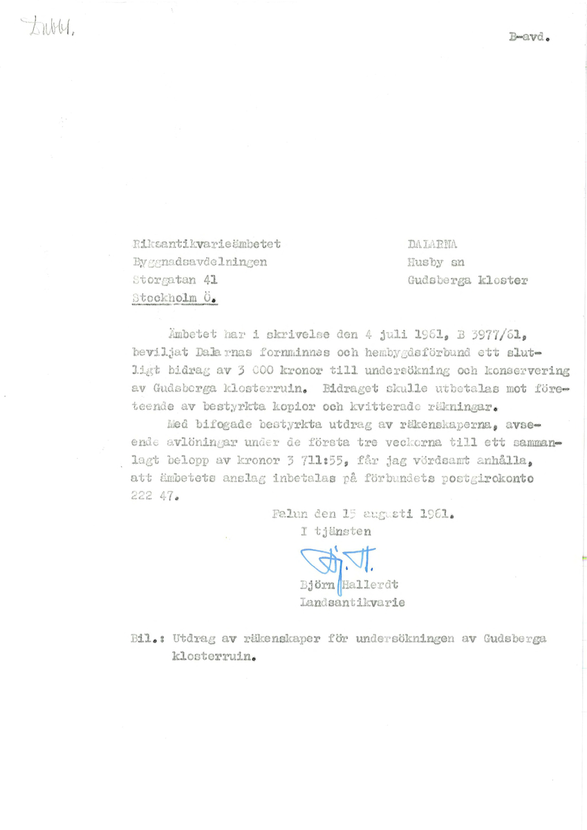 Korrespondens åren 1955-67 i samband med restaureringen av Gudsbergs kloster.

Adressater bl.a: Korsnäs Aktiebolag, RAÄ, Kommunalnämnden i Husby, Kersti Jobs, Disponent Olof Sundell Stjärnsund, Fagersta Bruks AB, Åke Hyenstrand.