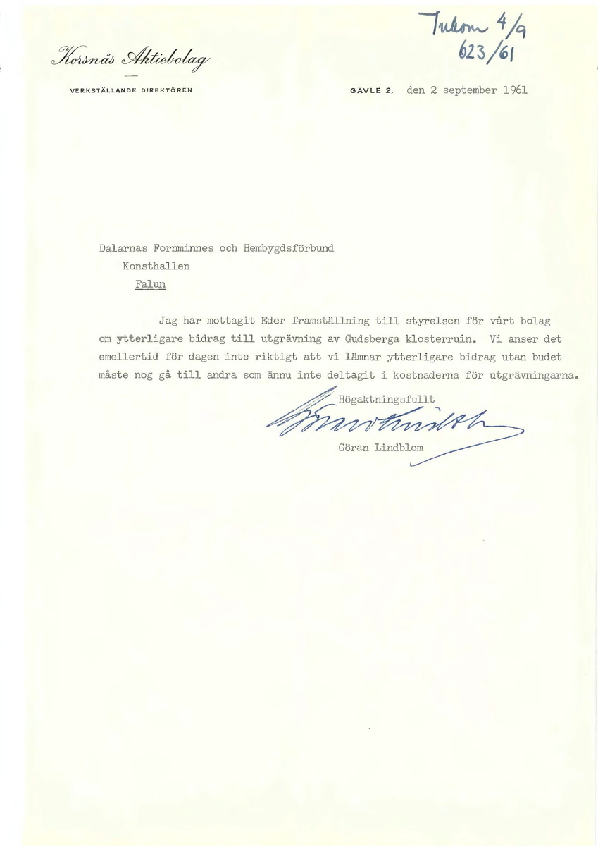 Korrespondens åren 1955-67 i samband med restaureringen av Gudsbergs kloster.

Adressater bl.a: Korsnäs Aktiebolag, RAÄ, Kommunalnämnden i Husby, Kersti Jobs, Disponent Olof Sundell Stjärnsund, Fagersta Bruks AB, Åke Hyenstrand.