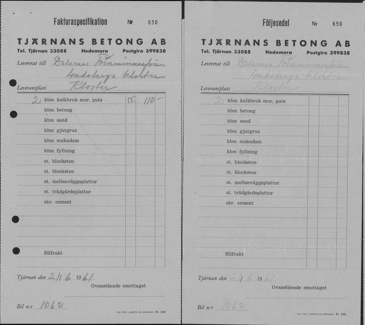In- och utbetalningar för de arkeologiska undersökningarna i Gudsberga kloster år 1959-61.