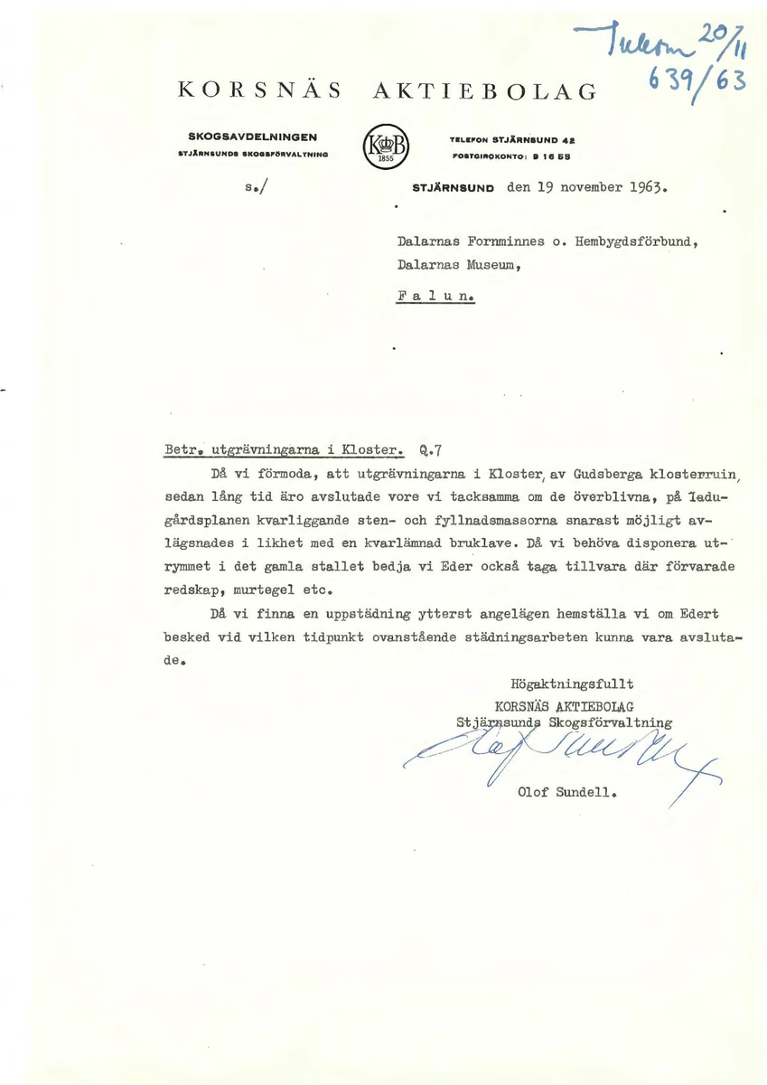 Korrespondens åren 1955-67 i samband med restaureringen av Gudsbergs kloster.

Adressater bl.a: Korsnäs Aktiebolag, RAÄ, Kommunalnämnden i Husby, Kersti Jobs, Disponent Olof Sundell Stjärnsund, Fagersta Bruks AB, Åke Hyenstrand.